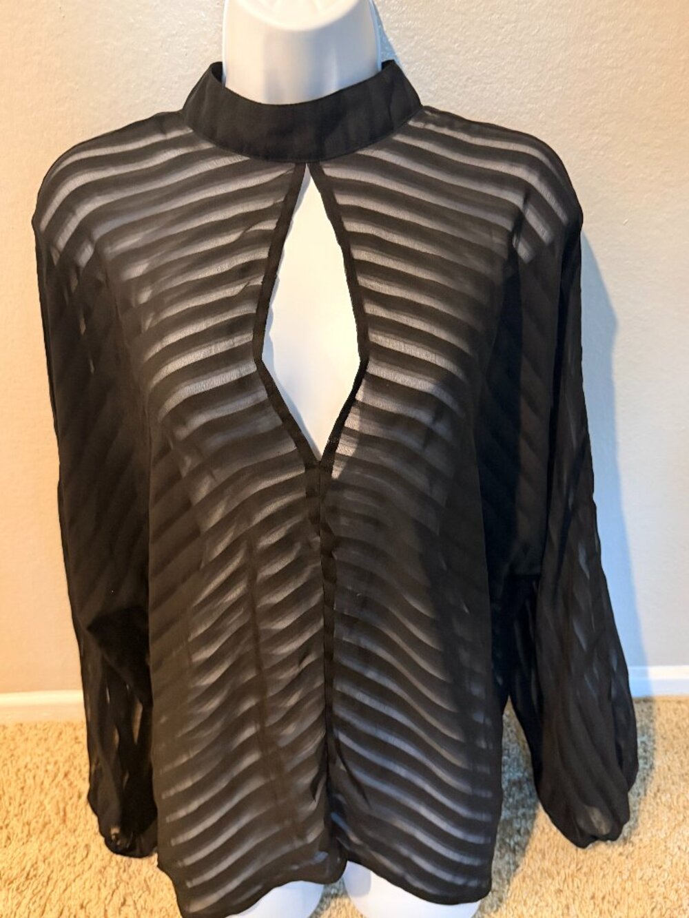 SHEIN Black Sheer Striped Keyhole High Neck Blouse – Medium